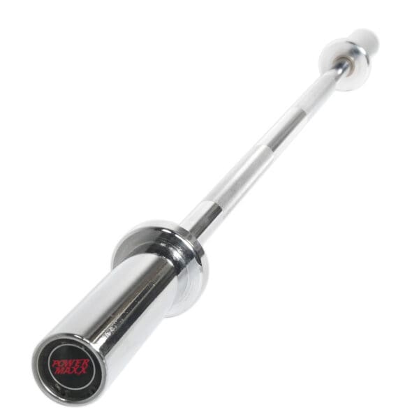 The Power Maxx 4ft Olympic Barbell is displayed at an angle with a shiny silver finish. Its circular ends, one embossed with a red POWER MAXX logo, and the bar features knurling for grip.