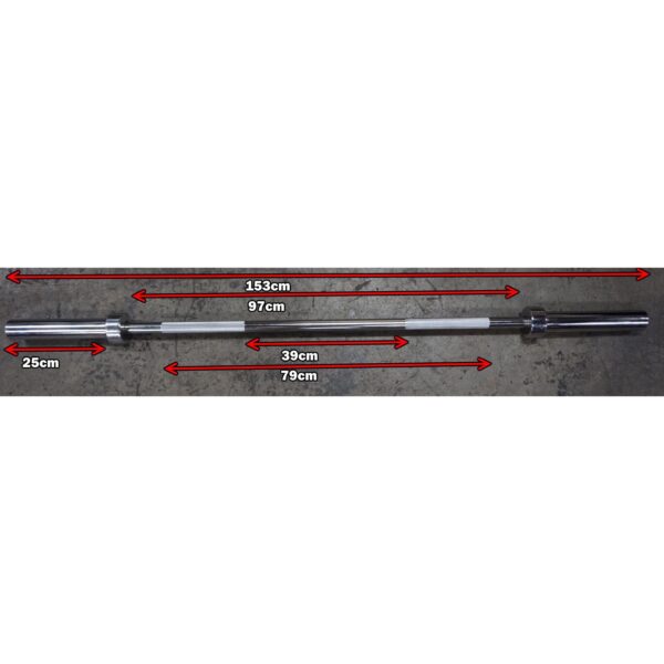The 7ft Olympic Barbell Thrust Bearings 1500lbs features length markings of 153cm, 97cm, 79cm, 39cm, and 25cm along its sections. It includes distinct areas for weights and a central grip area.