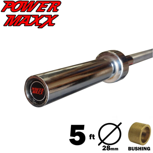 Image of a Power Maxx 7ft Olympic Barbell with thrust bearings and branding on the end. The graphic highlights its silver finish, 1500lbs capacity, and a 28mm diameter.