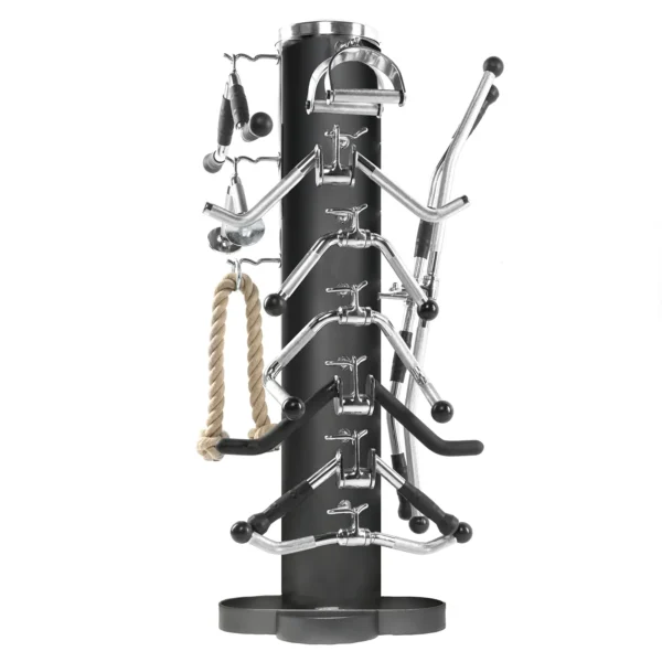 The PowerMaxx Cable Attachment Stand, featuring a black circular base, holds neatly organized metal handles like straight bars, V-bars, rope attachments, and D-handles for gym cable machines.