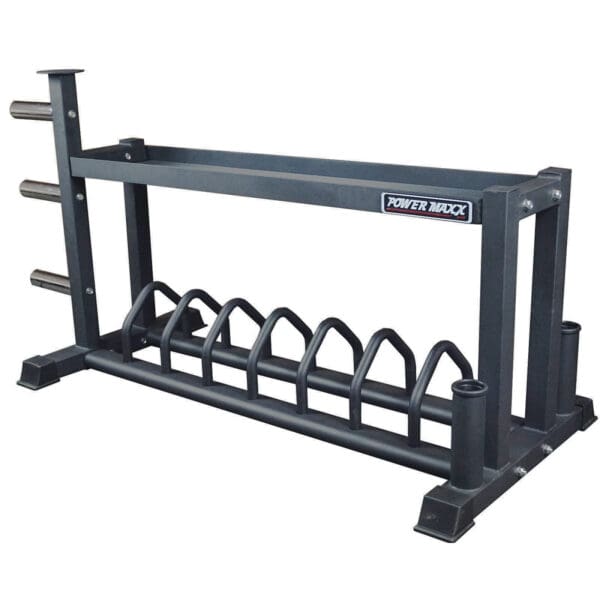 The Power Maxx Bumper & Barbell Rack is a sturdy black metal rack featuring bars for weight plates and sections for barbells, with the Power Maxx logo on one side, set against a white background.