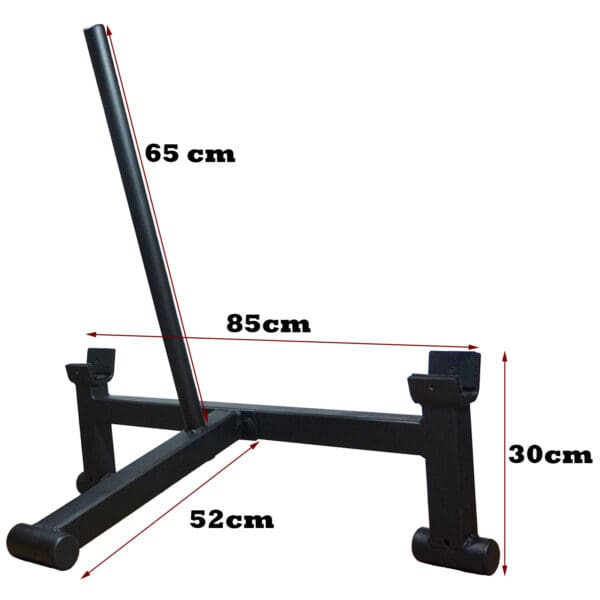 Image of black metal storage rack with vertical pole and base, featuring dimensions: 65 cm tall, 85 cm long, 52 cm deep, and 30 cm high.