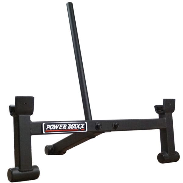 A black metal fitness sled, featuring a central vertical pole and rectangular base with side handles, branded Power Maxx on the front. Used for strength training with Spud Looper Straps.