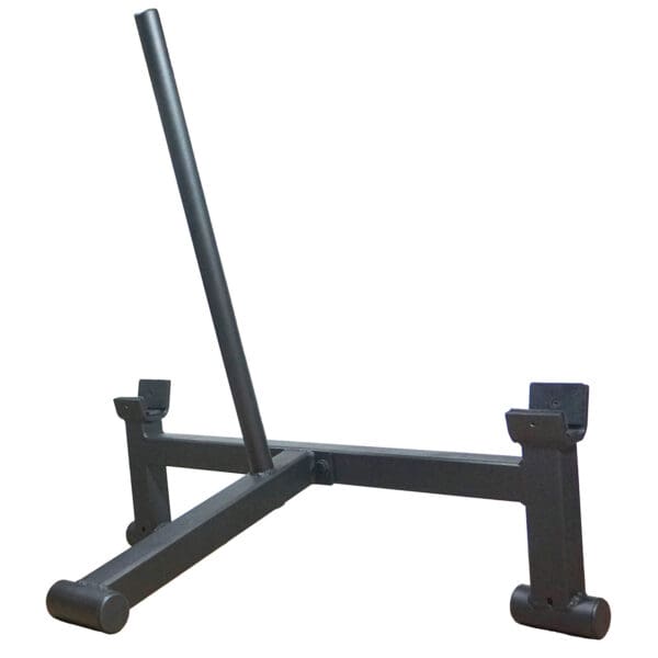 A black, metal log stand named Spud Looper Straps, features a sturdy base with two horizontal supports and an angled vertical pole for stability to hold logs securely.