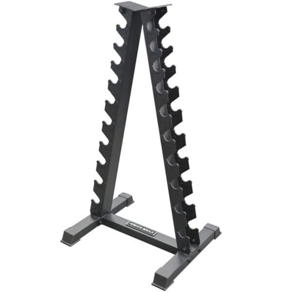 The sleek Power Maxx Vertical Dumbbell A Stand, featuring multiple slots for weights, stands in black against a crisp white backdrop.