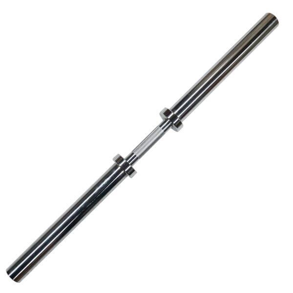 A Power Maxx Big Olympic Dumbbell Handle, shiny and silver in color, rests against a white background. It features a straight center with evenly spaced grips and sections at both ends for attaching weight plates.