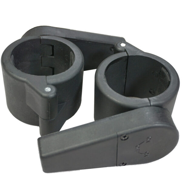 A pair of black plastic swivel cup holders with mounting brackets, designed for attachment to surfaces like Power Maxx Olympic Bar Clamps, featuring a cylindrical shape and a hinged arm for easy adjustment.
