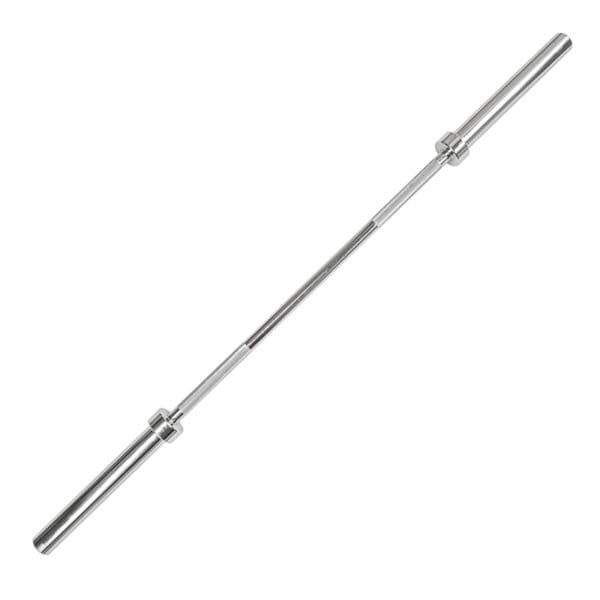 The Power Maxx Olympic Hip Thrust Barbell, featuring a long metallic design with smooth cylindrical ends, is displayed on a white background.