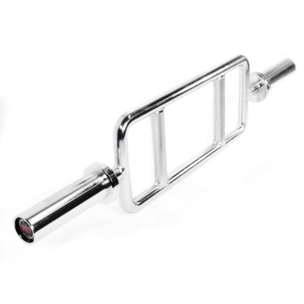 The Power Maxx Olympic Tricep Barbell is a silver, rectangular weightlifting bar featuring two parallel grips in the center, perfect for tricep extensions and hammer curls.