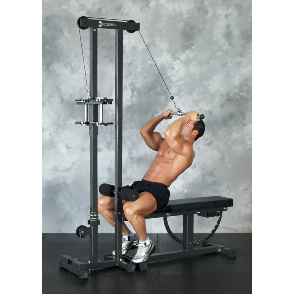 High cable curl with revolving ez curl bar, Ironmaster Super Bench and Cable Tower