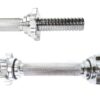 Close-up image of two Standard Dumbbell Handles in silver metal, featuring textured grips and threaded ends, positioned parallel on a white background.