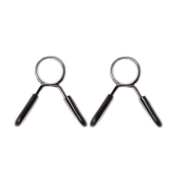 Two Standard Spring Collars 27mm with silver frames and black rubber handles are placed side by side on a white background, designed for securing weight plates during weightlifting.