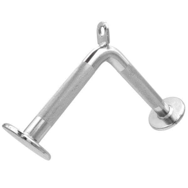 The Tricep V Bar Extension, a chrome V-shaped tricep pushdown cable attachment, features a knurled grip, two circular end caps for secure handling, and a central loop for easy gym equipment attachment.