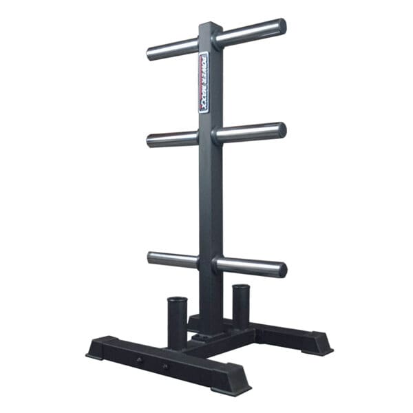 The Power Maxx Olympic Weight Plate Stand is a black metal storage tree with multiple horizontal bars to hold gym weight plates, featuring a sturdy base for stability.