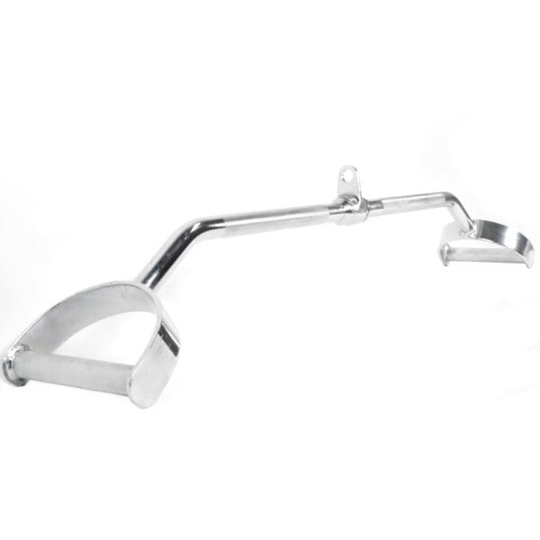 The Wide D Grip Pulldown Bar boasts a sleek chrome finish with two angled handles and a central mounting bracket, reflecting light and offering a minimalistic design ideal for bicycles or similar applications.