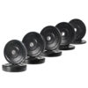 A staggered row of six black Olympic bumper weight plates, each labeled 25 KG, is displayed on a white background.