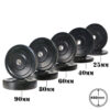 A diagonal arrangement showcases five black Olympic bumper weight plates from a 150kg set, each labeled with thicknesses: 90mm, 80mm, 60mm, 40mm, and 25mm. All have a uniform diameter of 450mm and are marked as weighing 25 KG.