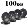 The 100kg Black Bumper Package features weight plates on a white background, each labeled 20 KG, with 100 KGS boldly displayed above.