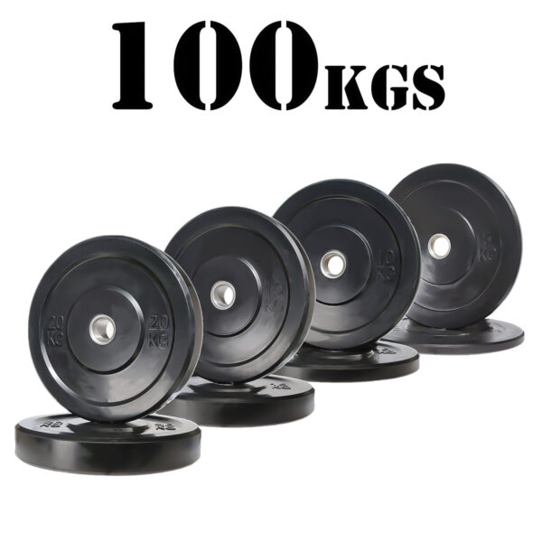 The 100kg Black Bumper Package features weight plates on a white background, each labeled 20 KG, with 100 KGS boldly displayed above.