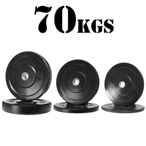 The 70kg Black Bumper Package includes three pairs of black plates: two 20 kg, two 15 kg, and two 10 kg, with central holes for a barbell and 70 KGS displayed above the weights.