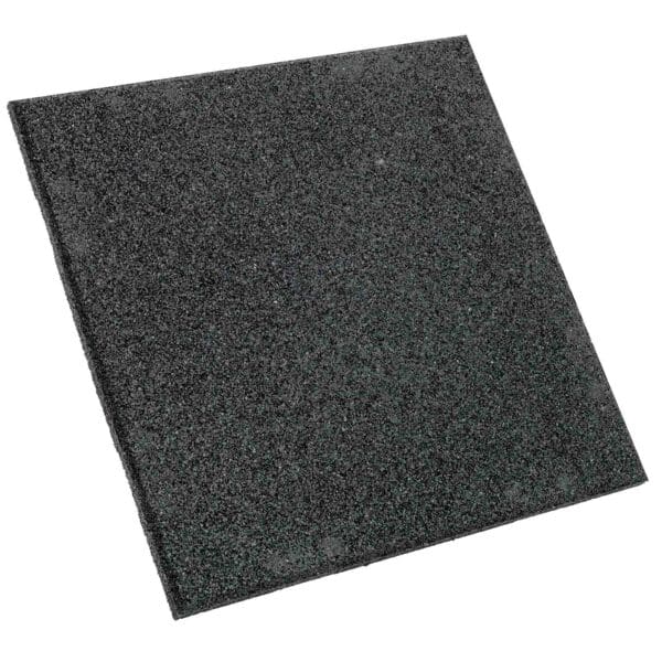 The GymFloor® RTS 50x50@20mm is a square, textured black rubber mat with a slightly raised surface, presented against a white background to highlight its thickness and rough texture.