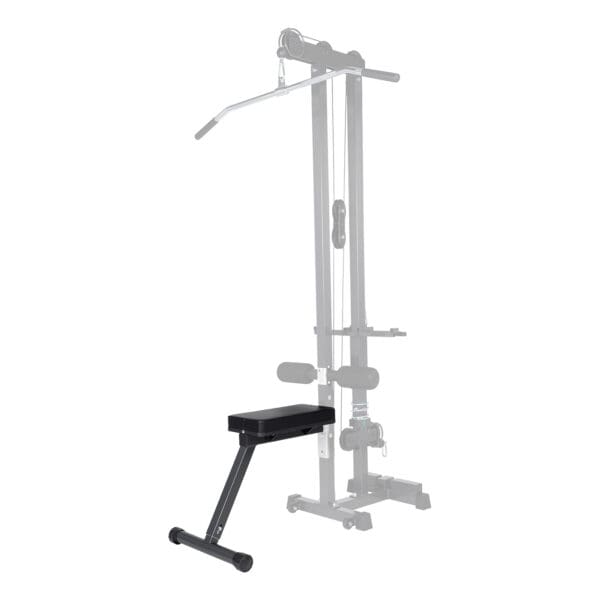 The Ironmaster Cable Tower Seat is a gym machine tailored for back exercises, equipped with a lat pull-down bar, padded seat, and foam leg support rollers. It features a metallic frame with visible cables and pulley mechanisms.