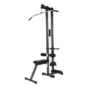 The Ironmaster Cable Tower Seat is a black and gray gym machine with a padded seat, knee pads, and a long bar connected by cables. Constructed from metal, it helps build upper body strength.