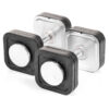 A pair of Ironmaster 45lb Adjustable Dumbbells with stacked plates on a white background, showcasing a shiny black and silver metallic design.