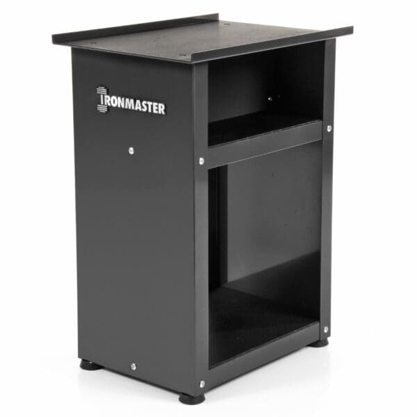 The Ironmaster Quick Lock Dumbbell Stand in black features a sleek, minimalist design with two sturdy metal shelves to complement your Ironmaster adjustable dumbbells, displaying the brand logo prominently on the upper left corner.