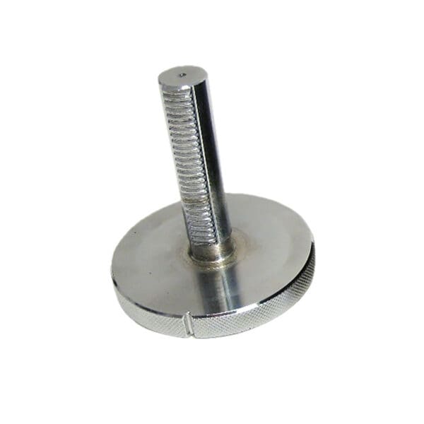 A shiny, silver Standard Kettlebell Locking Screw features a metal cylindrical body with a threaded vertical rod atop a flat, circular base with textured edges for grip.