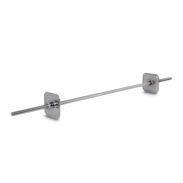 The Ironmaster Straight Barbell, a long metal rod with square washers and nuts on both ends, lies horizontally against a white background.