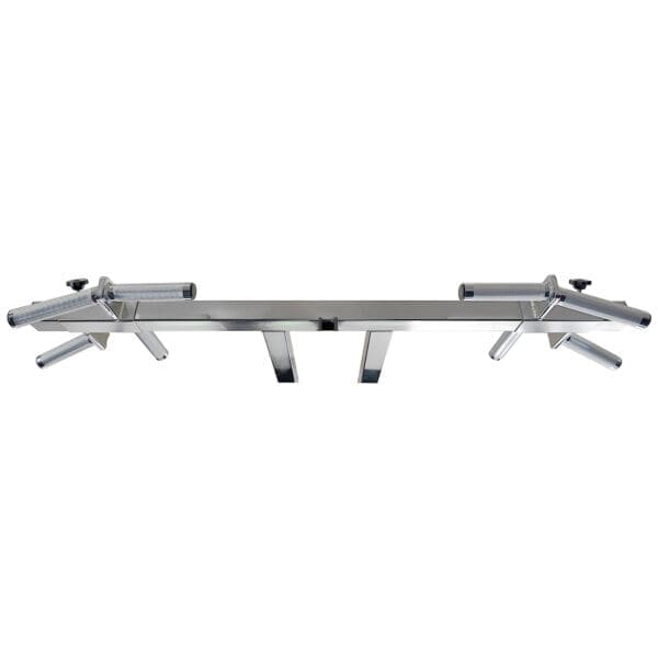 The Ironmaster Ultimate Chin Up Attachment for IM2000 is a silver, metallic, wall-mounted pull-up bar featuring multiple ergonomic handles angled in different directions to provide various grip options for diverse exercises.