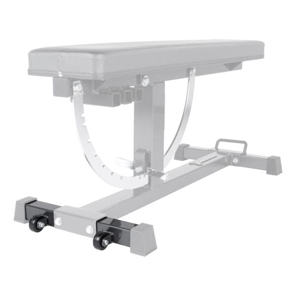 The Ironmaster Wheelkit for Super Bench is an adjustable weight bench with a padded seat and backrest, featuring a steel frame with an incline adjustment mechanism and two wheels for easy movement.