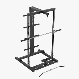 The Ironmaster IM2000 Self-Spotting Smith Machine weightlifting system in black features adjustable safety bars, a barbell, plate holders, and a pull-down attachment, all displayed against a plain white background.