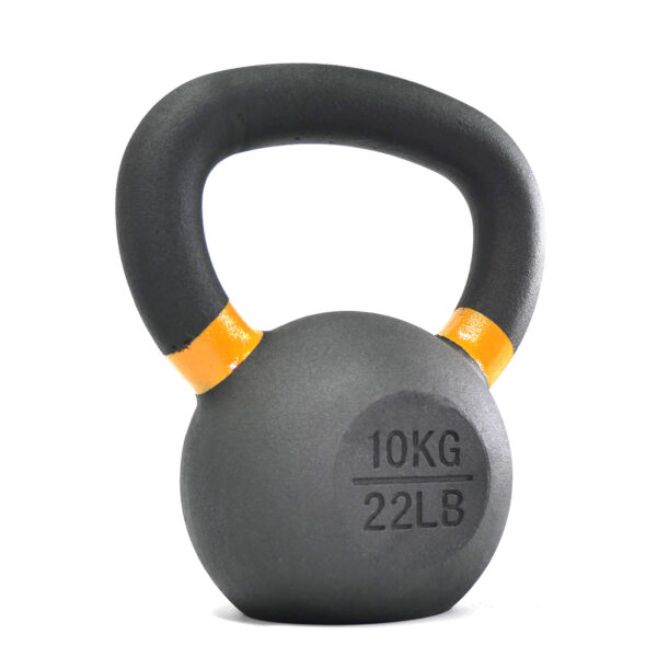 A black 10kg kettlebell with an orange handle displays its weight markings of 10KG and 22LB.