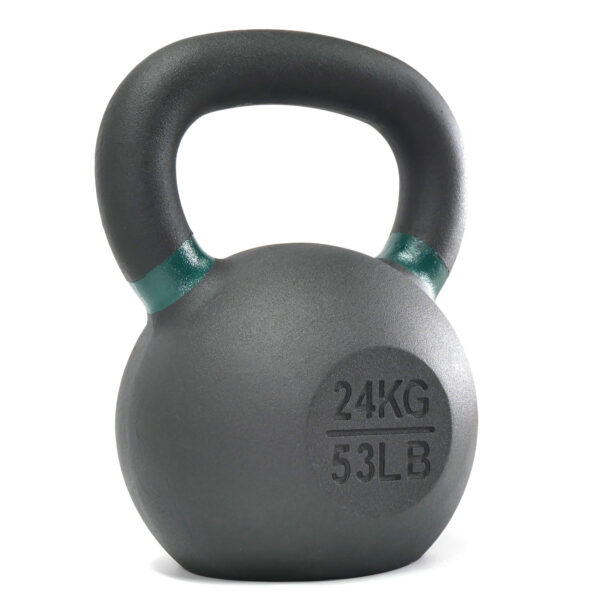 A grey 24kg Kettlebell with a black handle, green accents, and displays 53 LB.