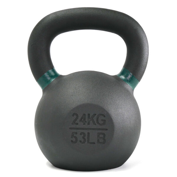 The 24kg Kettlebell, black with a green stripe near the handle, is shown against a white background.