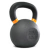 A 28kg kettlebell, featuring a black finish with an orange-striped handle and 28KG / 62LB marking on the front, set against a white background.