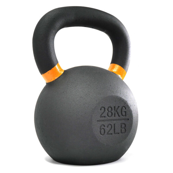 A 28kg kettlebell, featuring a black finish with an orange-striped handle and 28KG / 62LB marking on the front, set against a white background.