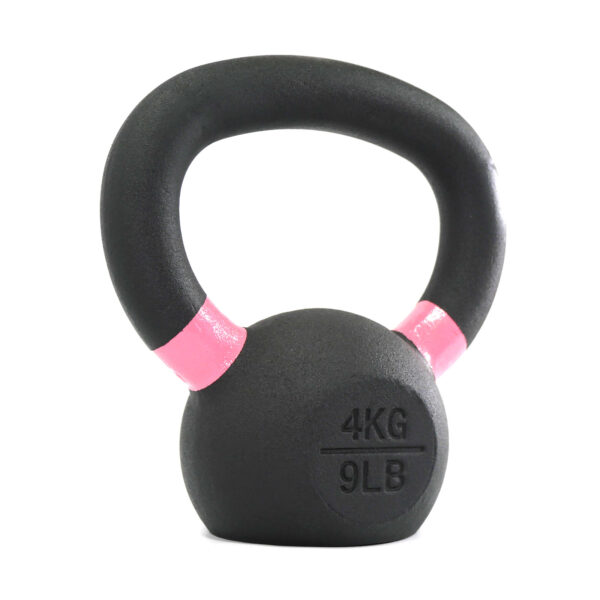 A black 4kg kettlebell with a pink grip shows weight markings 4 KG and 9 LB on its side.