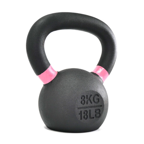 The 8kg Kettlebell is black with pink accents, features a rounded handle, and is marked with 8 KG and 18 LB in white text.