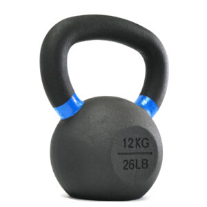 The 12kg Kettlebell, featuring a black finish with a blue-striped handle, weighing 26 pounds, is set against a plain white background.