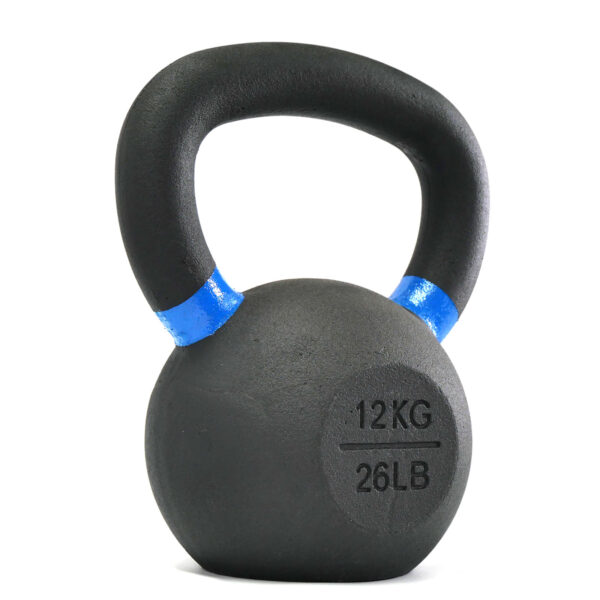 The 12kg Kettlebell, featuring a black finish with a blue-striped handle, weighing 26 pounds, is set against a plain white background.