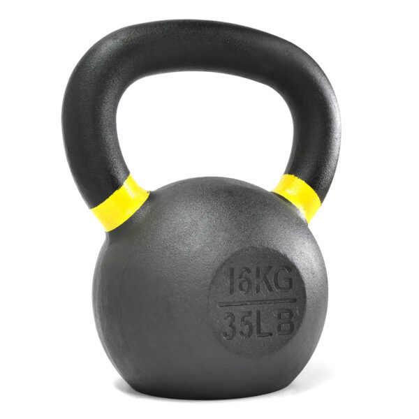 The 16kg Kettlebell is black with a yellow-striped handle and weighs 35 pounds.