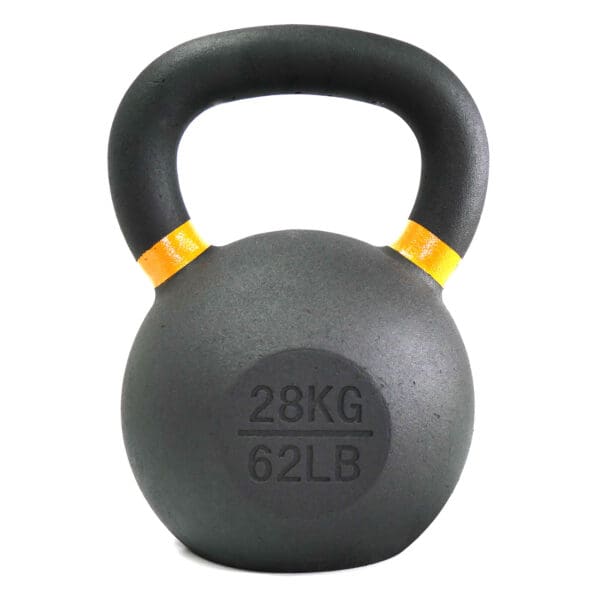 A black 28kg kettlebell with a yellow-accented handle and markings of 28KG and 62LB on the front, set against a plain white background.