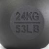 A close-up shows a dark metal kettlebell engraved with 24KG above 53LB. Its the 24kg Kettlebell.
