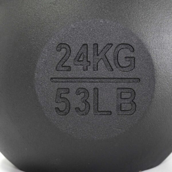 A close-up shows a dark metal kettlebell engraved with 24KG above 53LB. Its the 24kg Kettlebell.