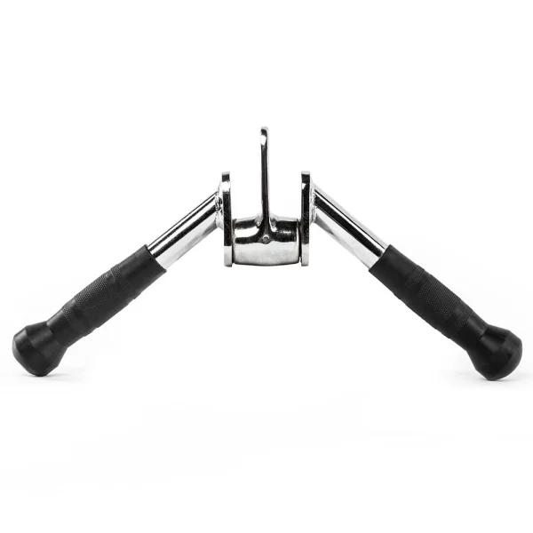 The Revolving Press Down Bar Rubber Grip is a chrome V-shaped cable attachment featuring ribbed black rubber grips on each end. Designed for gym equipment, it includes a central swivel for smooth movement during workouts.