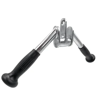 A Revolving Press Down Bar Rubber Grip, featuring chrome plating and black rubber grips on both ends, designed for attachment to gym equipment, shown against a white background.