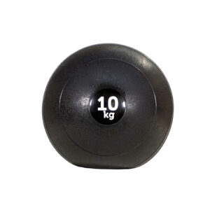 A black Slam Ball 10 kg features a central label with 10 kg in a white circle. Its surface is textured and its set against a white background.